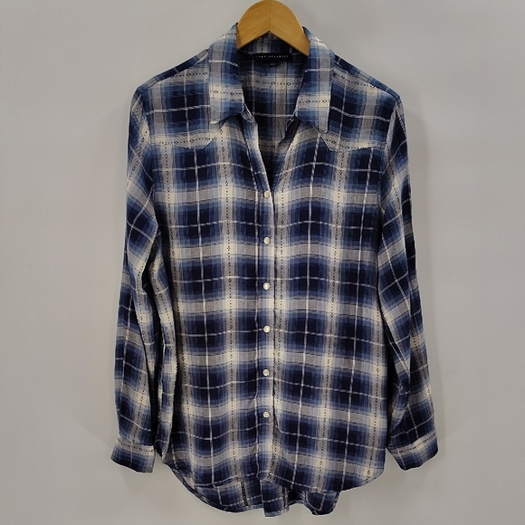Jane And Delancey Blue Plaid Pearl Snap Size Large Long Sleeve Blouse - Picture 1 of 8